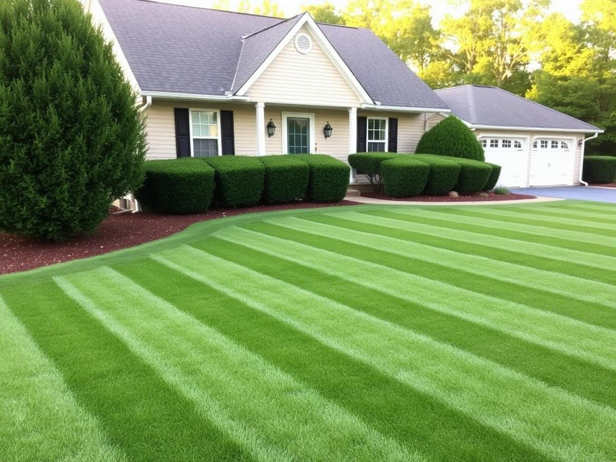 Freshly mowed striped lawn and trimmed hedges at a Tennessee home